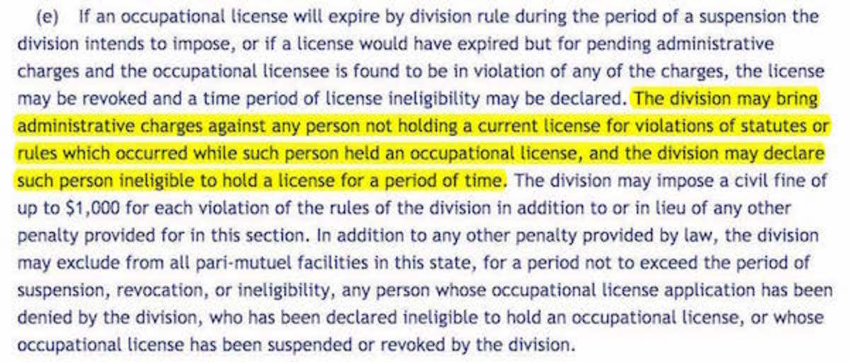 Florida statute would appear to permit officials to pursue charges against individuals who may no longer be licensed